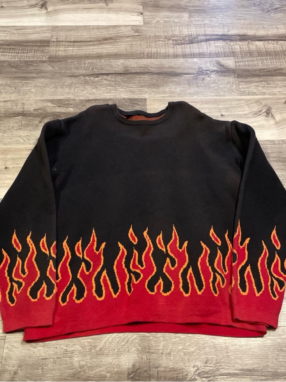 Black Crewneck Sweater with Red Flame Hem